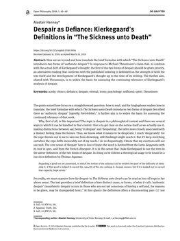 Despair As Defiance: Kierkegaard's Definitions in “The Sickness Unto