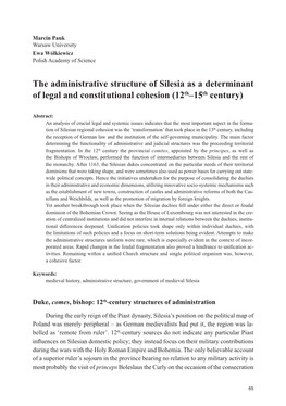 The Administrative Structure of Silesia As a Determinant of Legal and Constitutional Cohesion (12Th–15Th Century)