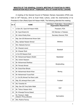 MINUTES of the GENERAL COUNCIL MEETING of PAKISTAN OLYMPIC ASSOCIATION HELD on 04TH FEBRUARY, 2012 at AVARI HOTEL LAHORE. a Meet