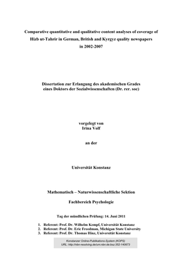 Comparative Quantitative and Qualitative Content Analyses of Coverage of Hizb Ut-Tahrir in German, British and Kyrgyz Quality Newspapers in 2002-2007