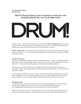 DRUM! Magazine Ramps up Its Commitment to Education with Drumming Benefit Show for Lincoln High School