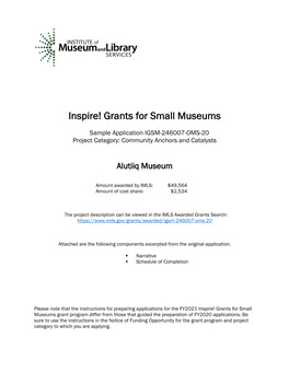 Inspire! Grants for Small Museums Sample Application IGSM-246007-OMS, Alutiiq Museum