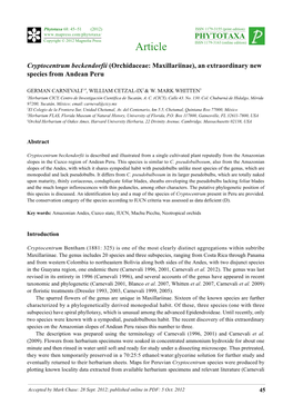 Cryptocentrum Beckendorfii (Orchidaceae: Maxillariinae), an Extraordinary New Species from Andean Peru