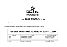 Inscritos Campeonato Novalimense De Futsal 2017