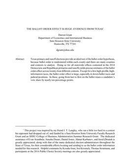 Ballot Order Effect Is Huge: Evidence from Texas1