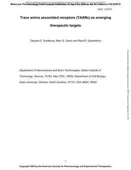 Trace Amine Associated Receptors (Taars) As Emerging