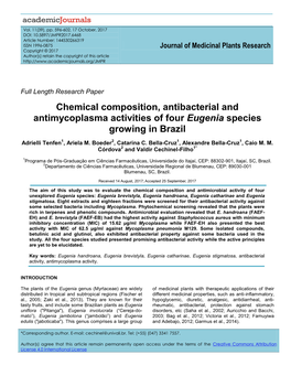 Chemical Composition, Antibacterial and Antimycoplasma Activities of Four Eugenia Species Growing in Brazil