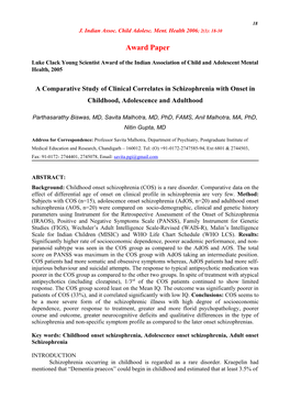 A Comparative Study of Clinical Correlates in Schizophrenia with Onset in Childhood, Adolescence and Adulthood