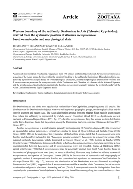 Teleostei, Cyprinidae): Derived from the Systematic Position of Barilius Mesopotamicus Based on Molecular and Morphological Data