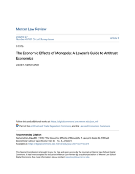 The Economic Effects of Monopoly: a Lawyer's Guide to Antitrust Economics