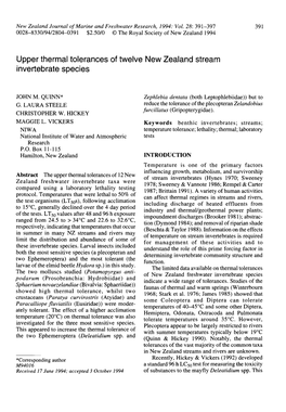 Upper Thermal Tolerances of Twelve New Zealand Stream Invertebrate Species