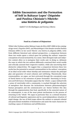 Edible Encounters and the Formation of Self in Baltasar Lopes’ Chiquinho and Paulina Chiziane’S Niketche: Uma História De Poligamia
