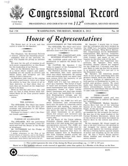 Congressional Record United States Th of America PROCEEDINGS and DEBATES of the 112 CONGRESS, SECOND SESSION