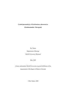 Cranial Pneumaticity of Ornithomimus Edmontonicus (Ornithomimidae