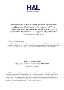 Monogeneans of the Malabar Grouper Epinephelus Malabaricus