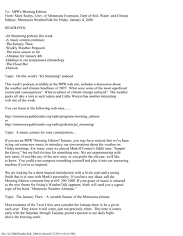 Minnesota Extension, Dept of Soil, Water, and Climate Subject: Minnesota Weathertalk for Friday, January 4, 2008