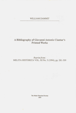 A Bibliography of Giovanni Antonio Ciantar's Printed Works