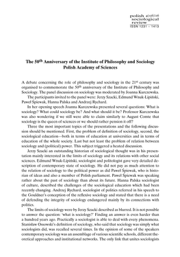 The 50Th Anniversary of the Institute of Philosophy and Sociology Polish Academy of Sciences