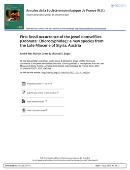 First Fossil Occurrence of the Jewel Damselflies (Odonata: Chlorocyphidae): a New Species from the Late Miocene of Styria, Austria