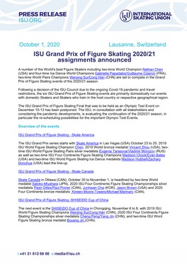 ISU Grand Prix of Figure Skating 2020/21 Assignments Announced