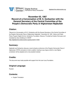 November 03, 1987 Record of a Conversation of M. S. Gorbachev with the General Secretary of the Central Committee of the People