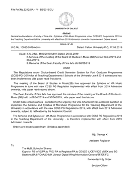 U.O.No. 10883/2019/Admn Dated, Calicut University.P.O, 17.08.2019 Biju George K Assistant Registrar Forwarded / by Order Section