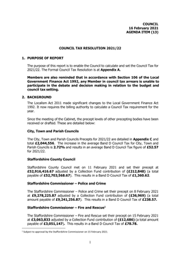 (13) COUNCIL TAX RESOLUTION 2021/22 1. PURPOSE of REPORT the Purpose of This Report Is To