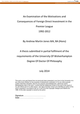 An Examination of the Motivations and Consequences of Foreign Direct Investment in the Premier League 1992-2012