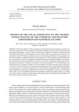 390 MICHAŁ ROMANANNALS of the POLISH ASSOCIATION of AGRICULTURAL and AGRIBUSINESS ECONOMISTS Received: 28.06.2019 Annals PAAAE • 2019 • Vol