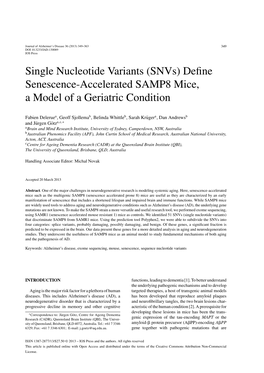 Define Senescence-Accelerated SAMP8 Mice, a Model of a Geriatric