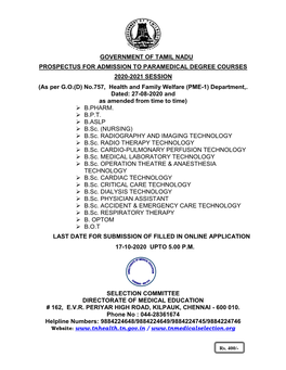 Government of Tamil Nadu Prospectus for Admission to Paramedical Degree Courses 2020-2021 Session