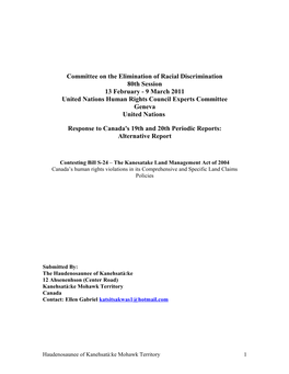 The Kanesatake Land Management Act of 2004 Canada’S Human Rights Violations in Its Comprehensive and Specific Land Claims Policies