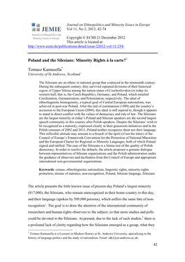 Poland and the Silesians: Minority Rights Ŕ La Carte? Tomasz Kamusella