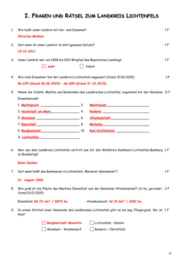 I. Fragen Und Rätsel Zum Landkreis Lichtenfels