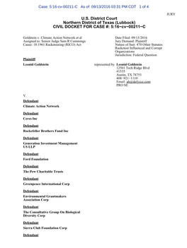 U.S. District Court Northern District of Texas (Lubbock) CIVIL DOCKET for CASE #: 5:16−Cv−00211−C