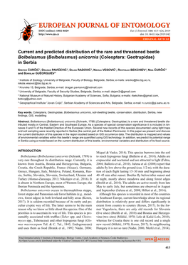 Current and Predicted Distribution of the Rare and Threatened Beetle Bolbelasmus (Bolbelasmus) Unicornis (Coleoptera: Geotrupidae) in Serbia