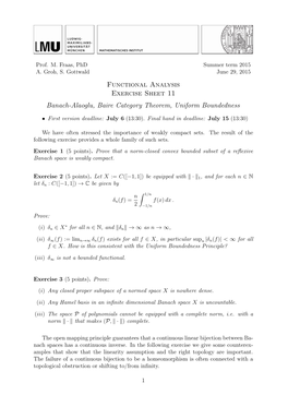 Functional Analysis Exercise Sheet 11 Banach-Alaoglu, Baire Category Theorem, Uniform Boundedness