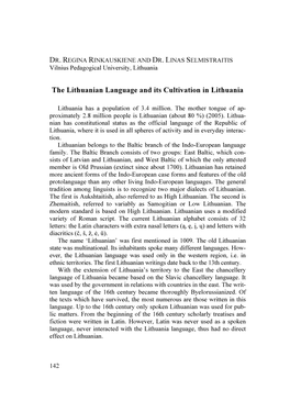 The Lithuanian Language and Its Cultivation in Lithuania