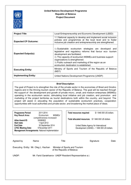 United Nations Development Programme Republic of Belarus Project Document