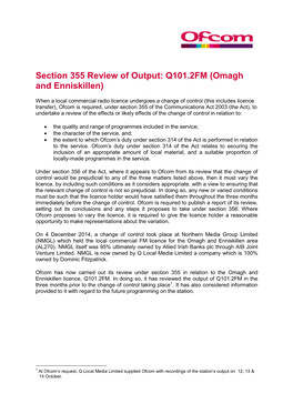 Section 355 Review of Output: Q101.2FM (Omagh and Enniskillen)