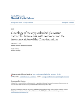 Osteology of the Cryptocleidoid Plesiosaur Tatenectes Laramiensis, with Comments on the Taxonomic Status of the Cimoliasauridae F