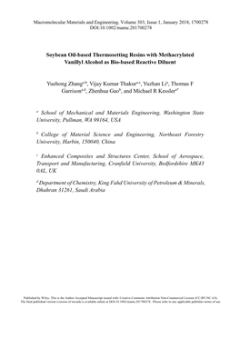 Soybean Oil-Based Thermosetting Resins with Methacrylated Vanillyl Alcohol As Bio-Based Reactive Diluent