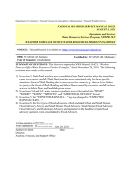 NWS Manual 10-923, “Weather Forecast Office Water Resources Product Examples,” Dated November 29, 2019