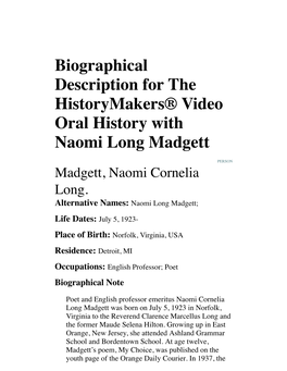 Biographical Description for the Historymakers® Video Oral History with Naomi Long Madgett