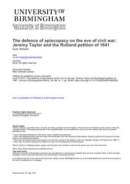 Petitions in Defence of Episcopacy Revisited: Jeremy Taylor and the Rutland Petition of 1641