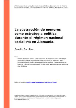 La Sustracción De Menores Como Estrategia Política Durante El Régimen Nacional- Socialista En Alemania