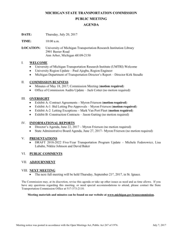 Michigan State Transportation Commission Public Meeting Agenda