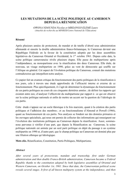 Les Mutations De La Scène Politique Au Cameroun Depuis La Réunification