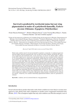 Survival Is Predicted by Territorial Status but Not Wing Pigmentation in Males of a Polythorid Damselfly, Euthore Fasciata