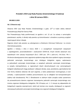 Protokół Z XXVI Sesji Rady Powiatu Gnieźnieńskiego VI Kadencji Z Dnia 30 Czerwca 2020 R
